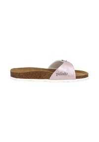 Sandalia deslizante metálica rosa con plantilla de corcho y suela de goma blanca. Presenta un diseño sencillo con una sola correa y detalle de logo.