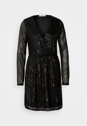 Black sequined dress featuring long sleeves, a deep V-neck, and a cinched waist. The sequins cover the entire garment, reflecting light.