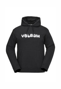 Zwarte hoodie met een voorzak in kangoeroestijl, koordjes en de tekst "VOLCOM" in witte borstelscriptlettertype op de borst.