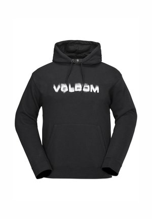 Zwarte hoodie met een voorzak in kangoeroestijl, koordjes en de tekst "VOLCOM" in witte borstelscriptlettertype op de borst.