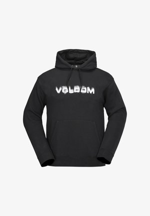 Zwarte hoodie met een voorzak in kangoeroestijl, koordjes en de tekst "VOLCOM" in witte borstelscriptlettertype op de borst.