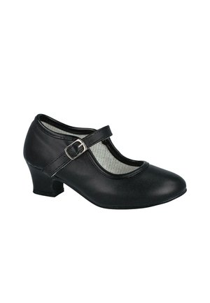 Zapato Mary Jane de cuero negro con tacón bajo y grueso y correa con hebilla plateada, visto de lado sobre un fondo blanco.