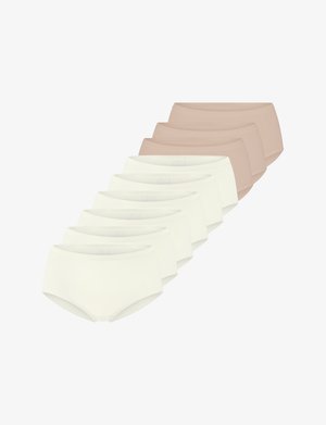 Set aus 7 Damen-Slips in drei Farben: Hellbeige, Creme und Off-White. Glattes Material mit nahtlosem Design und breiten Taillenbändern.