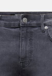 Dark gray denim jeans waist area with metal button, belt loops, and visible stitching details.