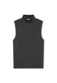 Top senza maniche nero a collo alto realizzato in un tessuto liscio ed elasticizzato. Presenta un colletto alto e una silhouette aderente senza chiusure visibili.