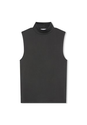 Top senza maniche nero a collo alto realizzato in un tessuto liscio ed elasticizzato. Presenta un colletto alto e una silhouette aderente senza chiusure visibili.