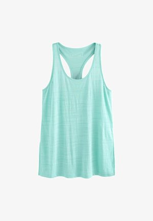 Top in teal chiaro realizzato in un morbido tessuto testurizzato, con scollatura a barchetta e design a schiena scoperta. Finitura liscia senza ulteriori motivi.