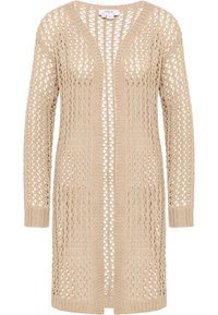 Cardigan beige lavorato a maglia con una trama larga e aperta, caratterizzato da un collo a V, maniche lunghe e un taglio dritto. Senza chiusure; design leggero.
