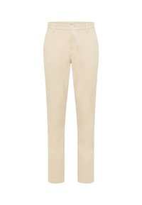 Beżowe chinosy wykonane z bawełny, o slim fit, z detalami kieszeni, z zapięciem na guzik i gładką teksturą. Klasyczny, uniwersalny design.