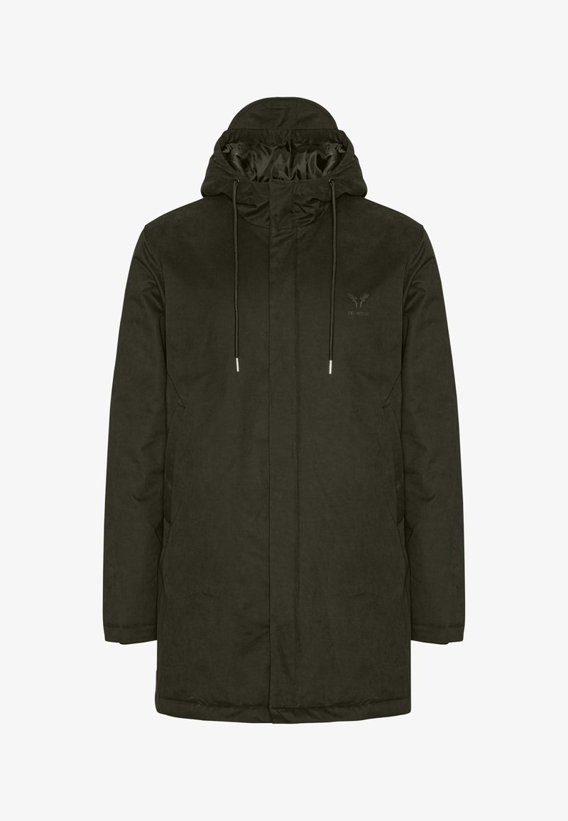 Veste d'hiver à capuche vert foncé avec cordons, manches longues, poches latérales et un logo brodé subtil sur la poitrine.