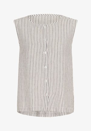Prugasta brezrokavnik v beli in sivi barvi, z okroglo izrezom, petimi gumbi spredaj in ravnim robom.