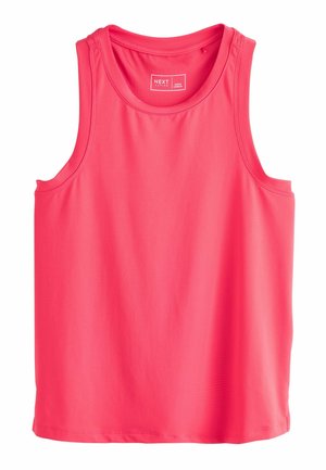 Débardeur sportif rose vif sans manches avec encolure ronde et tissu texturé, étiquette de la marque Next Active à l'intérieur du col.