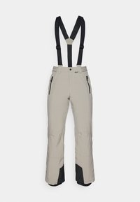 Pantaloni de schi impermeabili de culoare gri deschis, cu bretele ajustabile negre, buzunare cu fermoar, mansete interioare negre întărite și închidere frontală cu nasture.