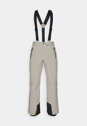 Svetlošedé vodoodpudivé lyžiarske nohavice s čiernymi nastaviteľnými trakovými pásmi, vreckami na zips, zosilnenými čiernymi vnútornými manžetami a predným zapínaním na gombík.