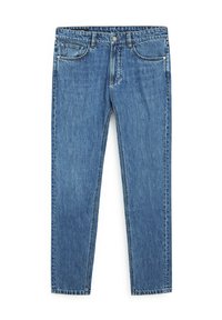 Jean en denim bleu avec une coupe droite, un style cinq poches, des coutures apparentes et une fermeture par bouton à la taille.