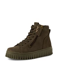 Baskets montantes vert olive avec une finition en suede, dotées de quincaillerie en ton doré, de lacets et d'une fermeture éclair sur le côté. Semelle en caoutchouc épaisse et nervurée.