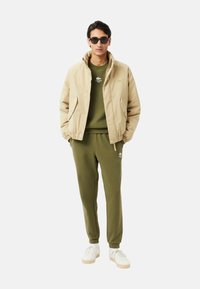 Cazadora bomber beige sobre sudadera verde y pantalones a juego. Zapatillas blancas. Accesorios incluyen gafas de sol negras. Diseño simple y funcional.