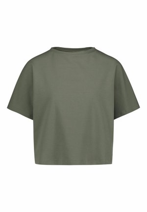 Prosty oliwkowozielony krótki t-shirt z krótkim rękawem, z zaokrąglonym dekoltem i luźnym fasonem, prezentowany na białym tle.