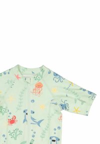 Barns rash guard, korta ärmar, mintgrön med färgglada marina livsmönster inklusive hajar, bläckfiskar, krabbor och maneter.