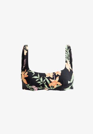 Black floral bikini top with square neckline, featuring orange and pink flowers and green leaves. Adjustable straps and clasp closure.