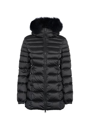 Schwarze Daunenjacke mit einer Kapuze aus Kunstfellfutter, horizontal gesteppt, mit einem Reißverschluss vorne und elastischen Bündchen.