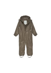 Waterdichte, glanzende olijfgroene sneeuwpak met ruches, elastische cuffs en voetbanden. Gevoerde binnenkant, ritssluitingen, capuchon.