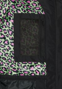 Black jacket featuring a green and pink leopard print interior. Includes a mesh pocket and printed waterproof, windproof and breathable labels.