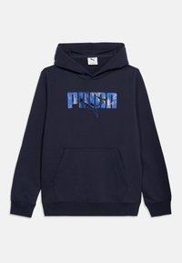 Sweat à capuche bleu marine avec poche avant et logo Puma bleu présentant un design texturé sur la poitrine.