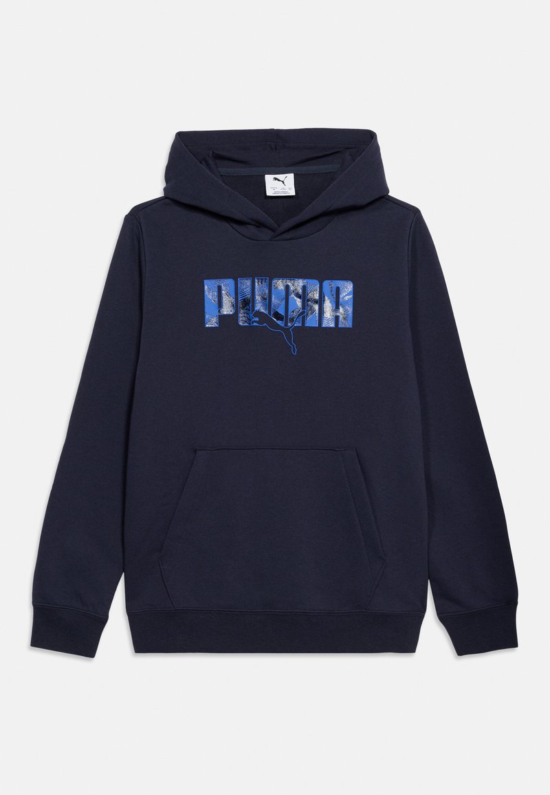 Sweat à capuche bleu marine avec poche avant et logo Puma bleu présentant un design texturé sur la poitrine.