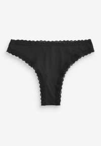 Black thong underwear with a smooth finish and intricate lace trim along the waistband and leg openings. Soft fabric texture.