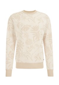 Beige mikina s texturovaným květinovým vzorem, žebrovaným výstřihem a manžetami. Design zahrnuje jemné světle a tmavé odstíny.