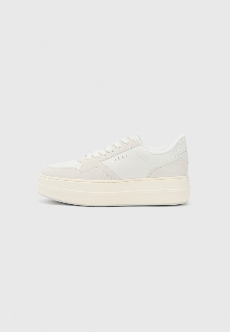 Bílé tenisky s hladkým koženým svrškem, polstrovaným límcem a silnou platformou. Diskrétní šedé akcenty na patě a logu.