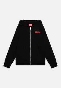 Svart zip-up hettegenser laget av bomullsblanding, med frontglidelås, to lommer og en rød "DIESEL" logo på venstre bryst.