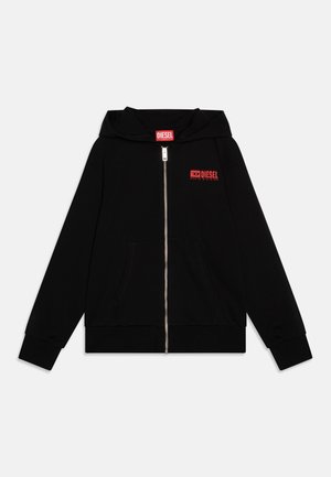 Felpa nera con zip, realizzata in misto cotone, con zip frontale, due tasche e un logo rosso "DIESEL" sul lato sinistro del petto.