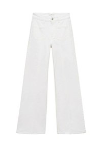 Bile široke hlače iz svetlega jeansa z visokim pasom, narejene iz denim tkanine. Imajo gumbasto zapiranje in dve zadnji žepki. Čista zasnova, brez vzorcev.