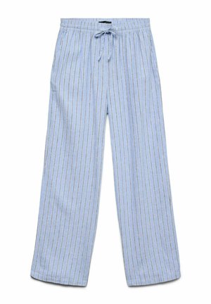 Pantalon à jambes larges bleu clair avec fines rayures verticales blanches et foncées, taille élastique et cordon de serrage à l'avant.