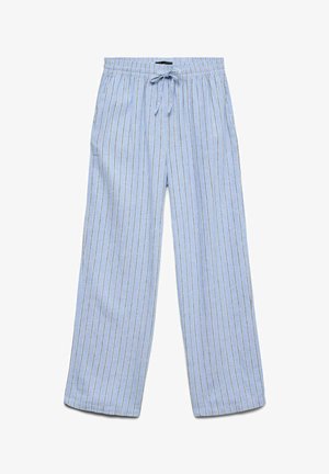 Pantalon à jambes larges bleu clair avec fines rayures verticales blanches et foncées, taille élastique et cordon de serrage à l'avant.