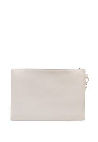 Clutch a busta in materiale texturizzato beige chiaro, con chiusura a zip superiore e un anello laterale per attacco.