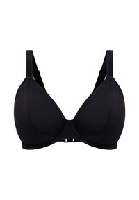 Sujetador negro acolchado con acabado liso. Cuenta con tirantes ajustables y cierre de gancho y ojo. Copas en forma de triángulo que proporcionan soporte.