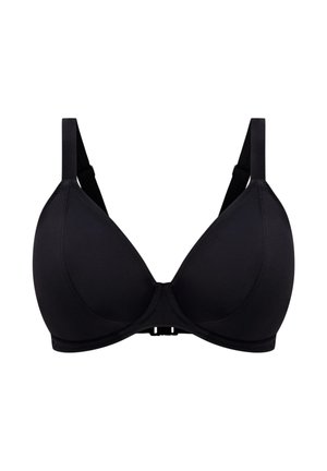 Schwarzer, gepolsterter BH mit glatter Oberfläche. Verfügt über verstellbare Träger und einen Haken-Ösen-Verschluss. Dreieckförmige Cups bieten Halt.