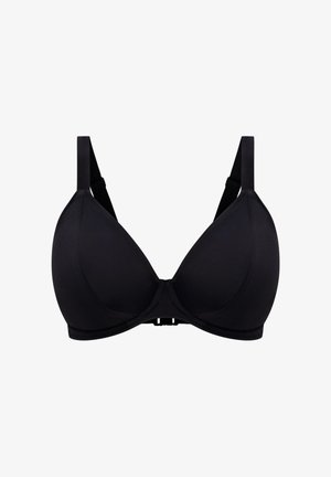 Schwarzer, gepolsterter BH mit glatter Oberfläche. Verfügt über verstellbare Träger und einen Haken-Ösen-Verschluss. Dreieckförmige Cups bieten Halt.