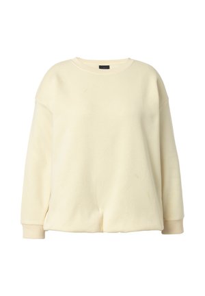 Sweat-shirt à manches longues couleur crème avec col rond, poignets côtelés et coupe décontractée, présenté sur un fond blanc.