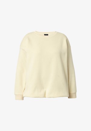 Felpa a girocollo color crema con maniche lunghe, polsini a coste e vestibilità morbida, mostrata su sfondo bianco.