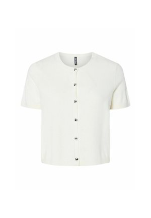 Weißer Kurzarm-Cardigan aus weichem Material mit rundem Halsausschnitt und sechs silberfarbigen Knöpfen auf der Vorderseite.