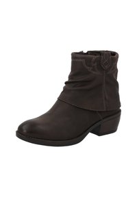 Bota marrón hasta el tobillo con un diseño arrugado, costura decorativa cerca de la parte superior y un tacón bajo y cuadrado. El material parece suave con un acabado mate.