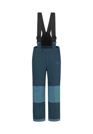 Child-sized navy blue and light blue waterproof snow pants with adjustable black suspenders and elastic waistband.