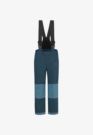 Child-sized navy blue and light blue waterproof snow pants with adjustable black suspenders and elastic waistband.