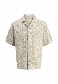 Kurze Ärmel Hemd in hellbeige mit einem geometrischen Diamantmuster in Braun. Es hat einen kragenförmigen Ausschnitt und sechs vordere Knöpfe.