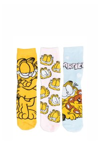 Tre paia di calzini di cotone: gialli con un design di Garfield, rosa con facce di Garfield ripetute e azzurri chiari con Garfield e Odie.