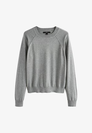 Grey sweater made of soft fabric, featuring a ribbed crew neckline, long raglan sleeves, and a fitted ribbed hem. Simple design, no patterns.